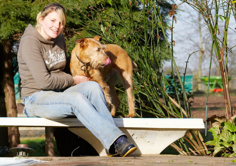 Animal, Animals, Blonde, Canine, Canines, Dog, Dogs, Irish Terrier, Kate, Land Mammal, Land Mammals, Play, Playing, Playtime, Smile, Smiling, Terrestrial Mammal, Terrestrial Mammals, Terriers, Tintin, Tongue, Woman