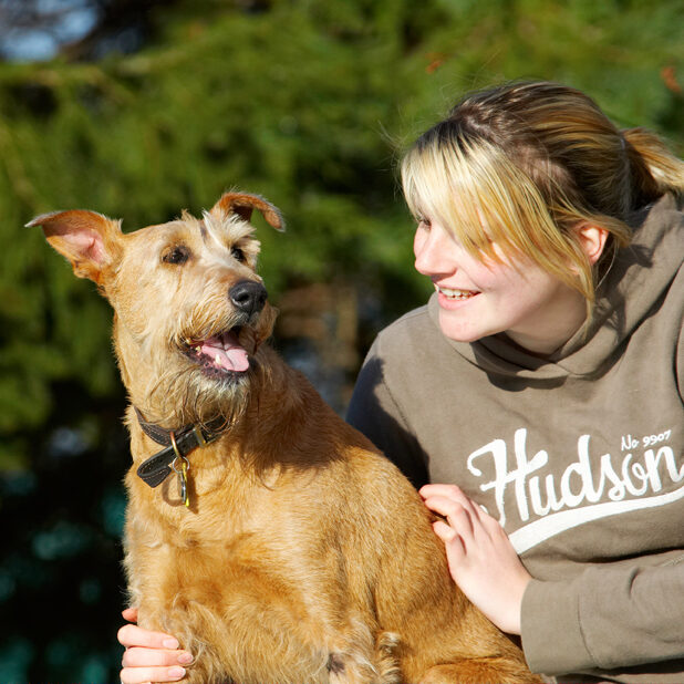Animal, Animals, Blonde, Canine, Canines, Dog, Dogs, Irish Terrier, Kate, Land Mammal, Land Mammals, Play, Playing, Playtime, Smile, Smiling, Terrestrial Mammal, Terrestrial Mammals, Terriers, Tintin, Tongue, Woman