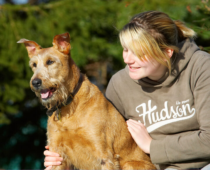 Animal, Animals, Blonde, Canine, Canines, Dog, Dogs, Irish Terrier, Kate, Land Mammal, Land Mammals, Play, Playing, Playtime, Smile, Smiling, Terrestrial Mammal, Terrestrial Mammals, Terriers, Tintin, Tongue, Woman